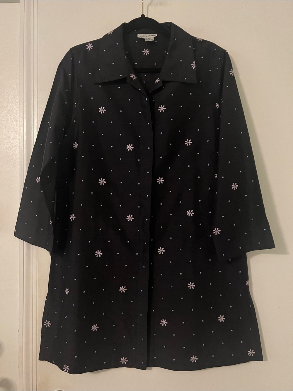 VTG Debra deRoo Silk Embroidered Floral Polka Dot Swing Coat Jacket Black M L